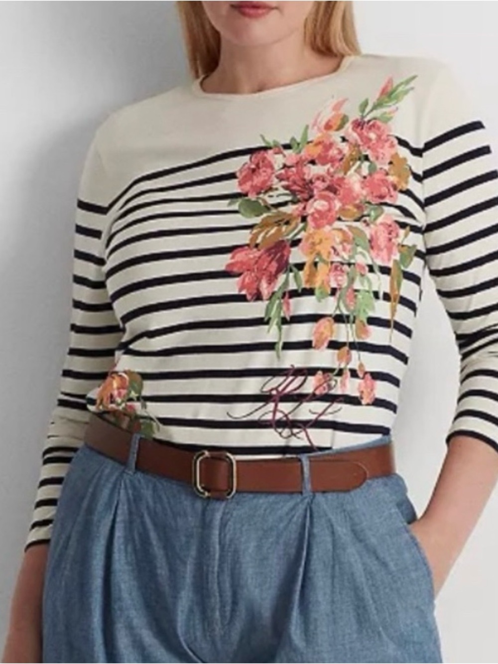 Lauren Ralph Lauren Women's Spring Stripe & Floral Jersey Tee Medium